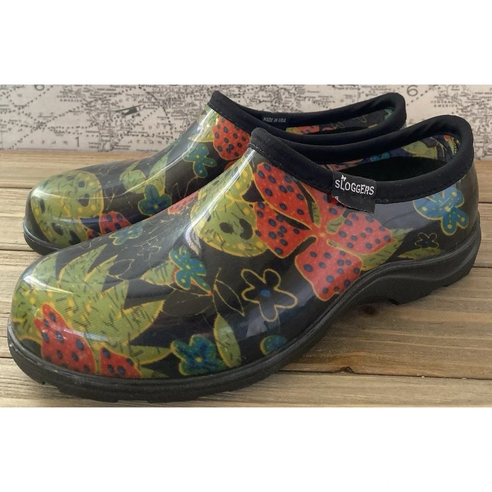 Sloggers Rubber Rain Garden Shoes Slip On Floral Black Comfort‎ Womens 8